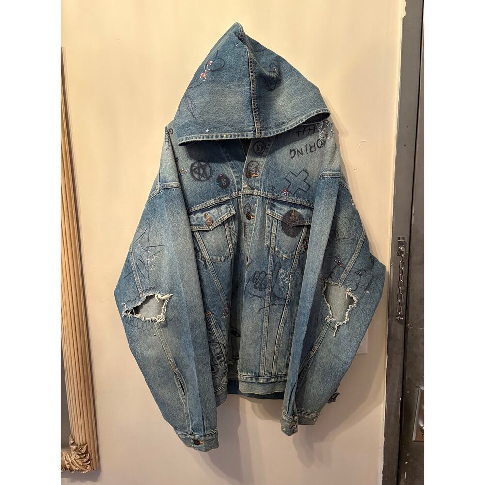 Balenciaga SS22 Embellished Drawn Denim Hoodie Size 2/M BNWT